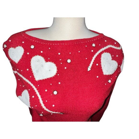 Vintage Smiths Aspen Red Knit Sweater W/ White Heart Design & Beaded Detailing - Picture 6 of 12